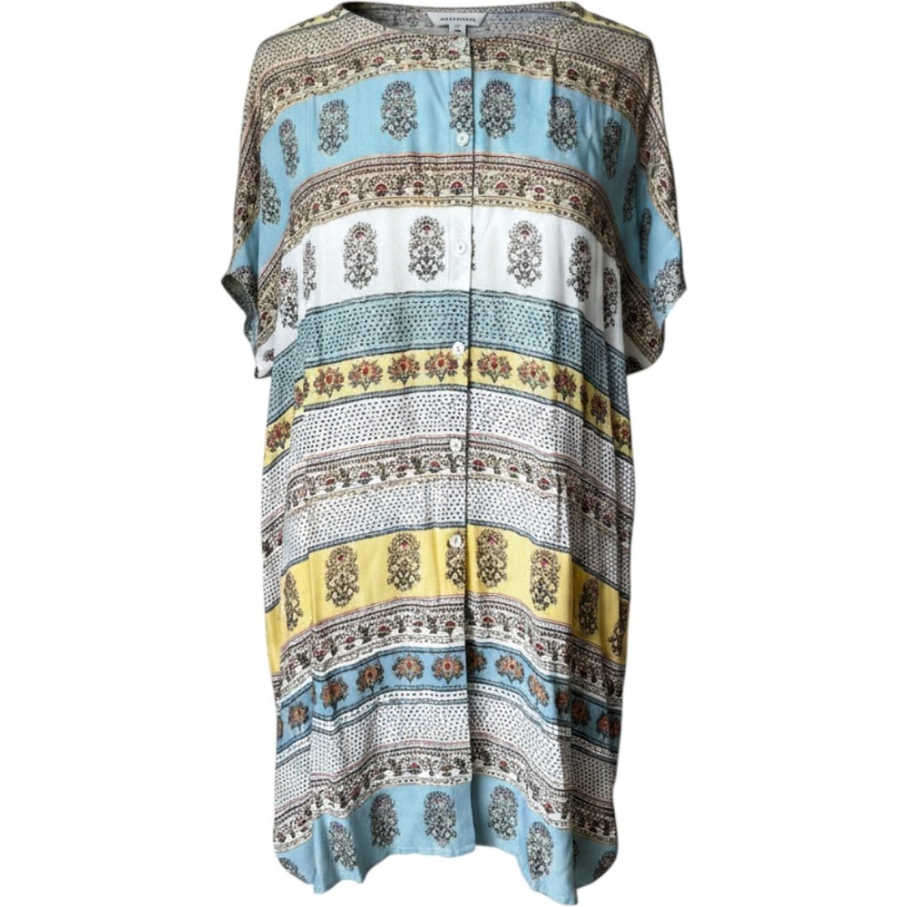 J. Jill XL Blue Yellow Block Print Button Front Rayon Tunic Top 110911